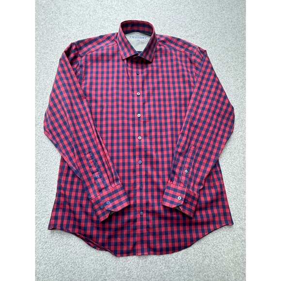 Twillory Shirt Mens 34 35 Tailored Fit Red‎ Blue Plaid Athleisure Casual Preppy - Picture 1 of 8